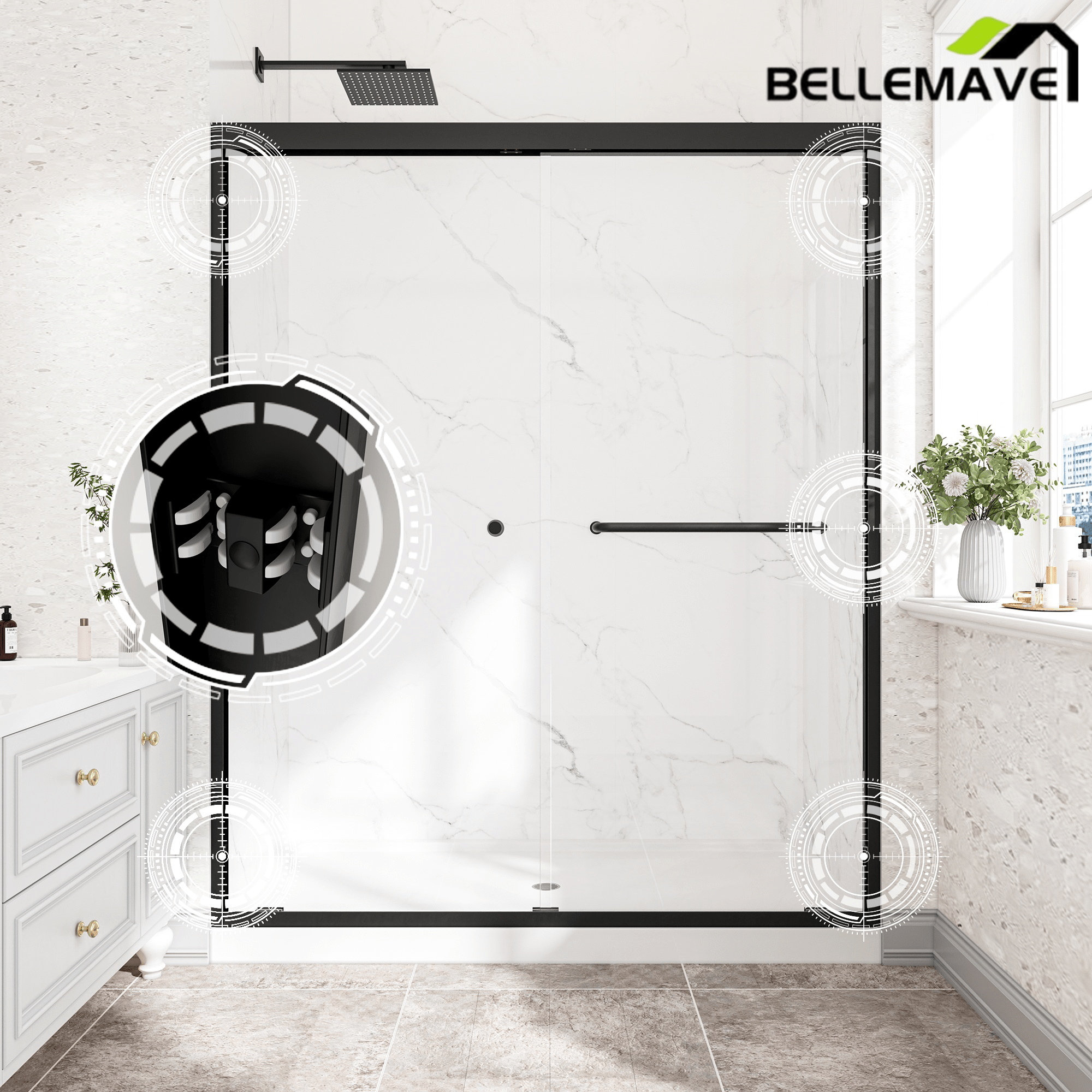 Bellemave® Reversible Installation Double Bypass Sliding Shower Door,Aluminium Alloy Frame,1/4"(6MM) Tempered Glass With Nano Explosion - proof Membrance,Easy Installation - Bellemave