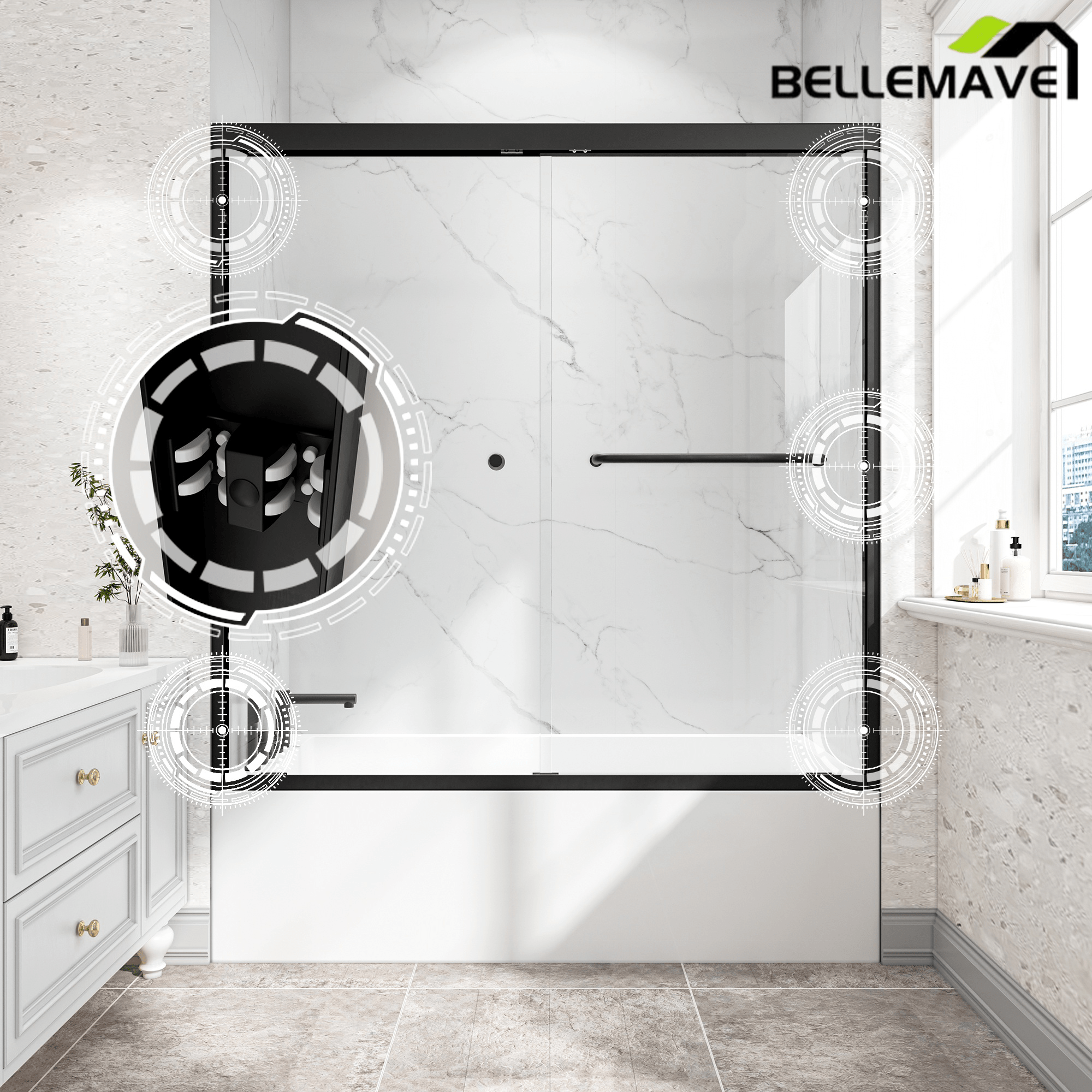 Bellemave® Reversible Installation Double Bypass Sliding Shower Door,Aluminium Alloy Frame,1/4"(6MM) Tempered Glass With Nano Explosion - proof Membrance,Easy Installation - Bellemave