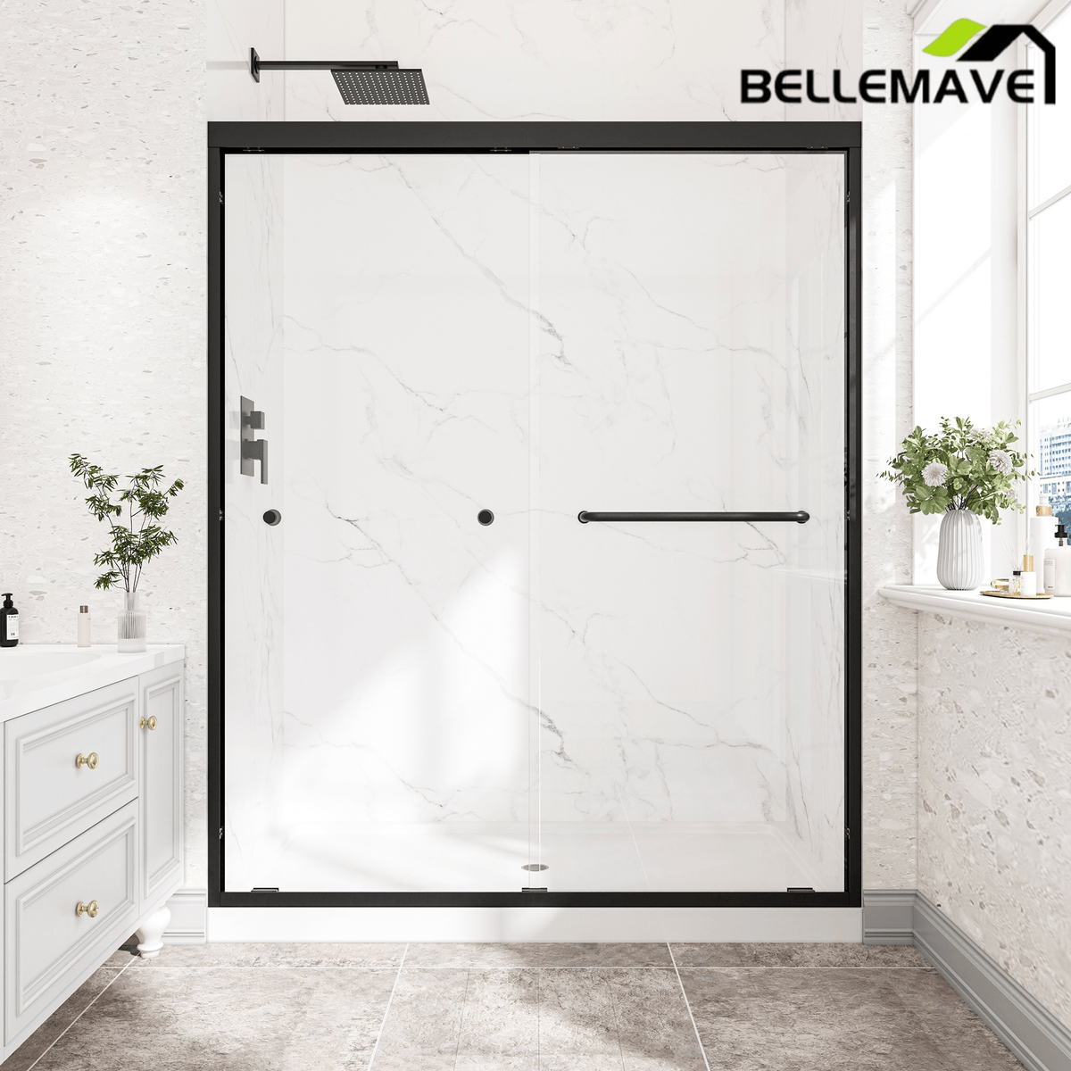 Bellemave® Reversible Installation Double Bypass Sliding Shower Door,Aluminium Alloy Frame,1/4"(6MM) Tempered Glass With Nano Explosion - proof Membrance,Easy Installation - Bellemave