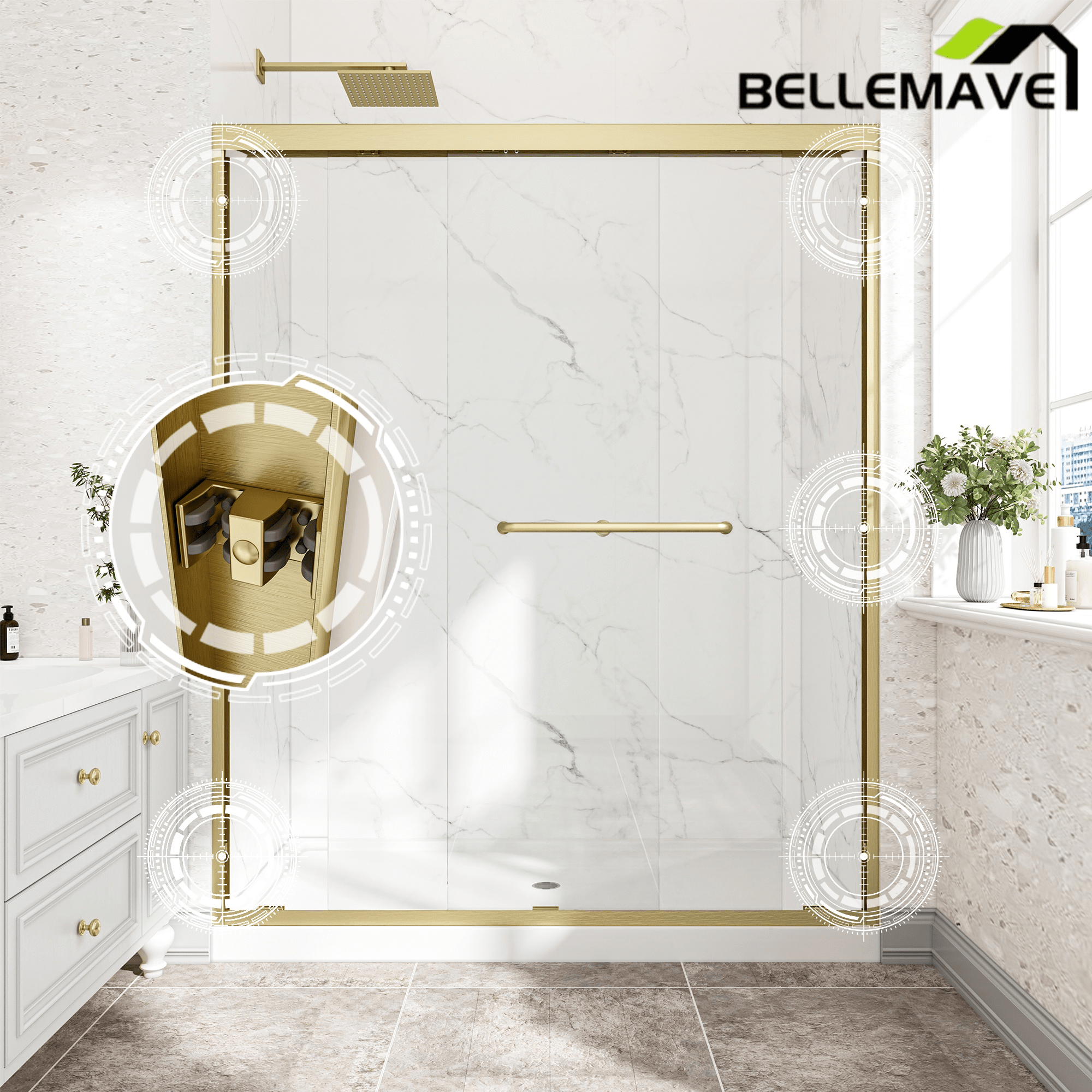 Bellemave® Reversible Installation Double Bypass Sliding Shower Door,Aluminium Alloy Frame,1/4"(6MM) Tempered Glass With Nano Explosion - proof Membrance,Easy Installation - Bellemave