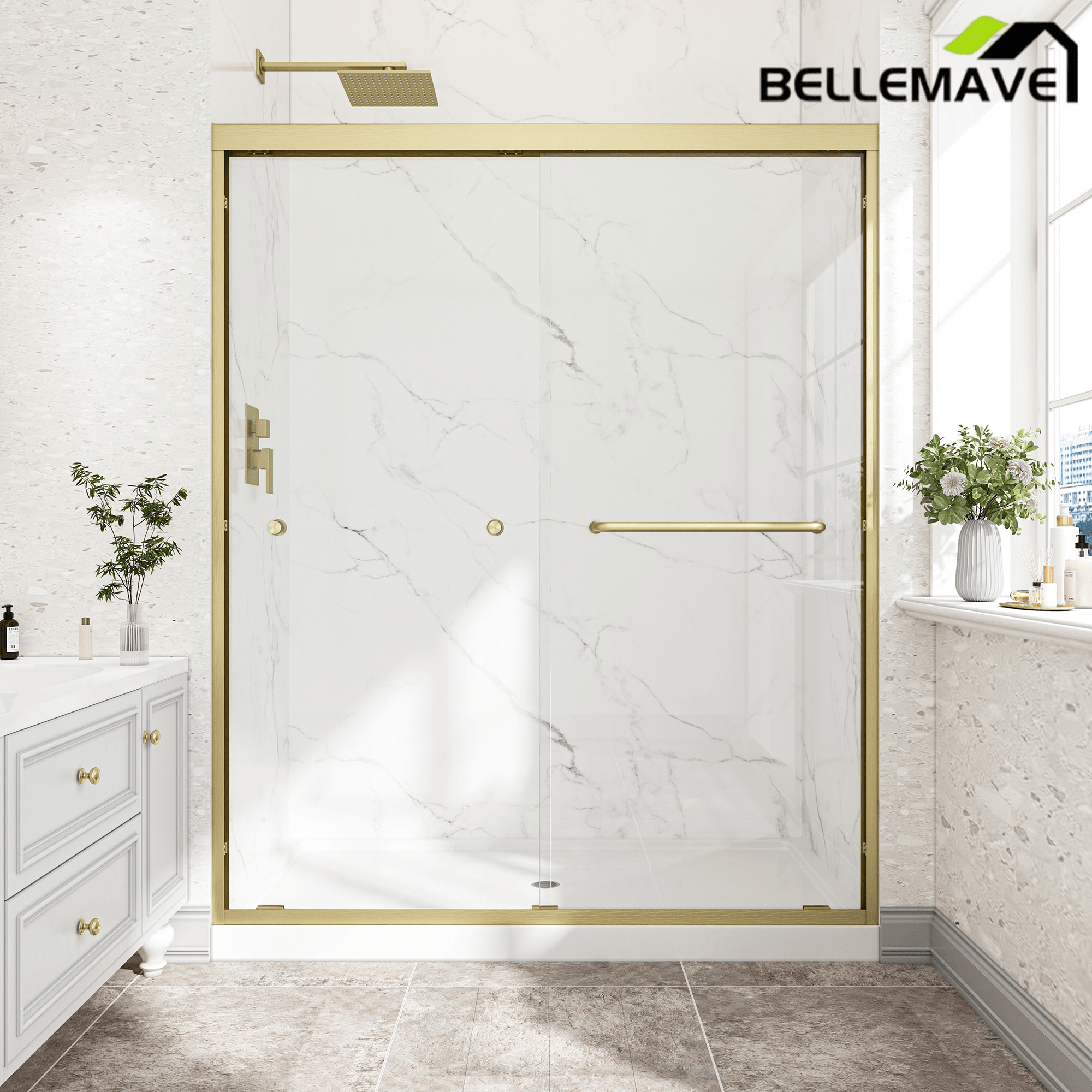 Bellemave® Reversible Installation Double Bypass Sliding Shower Door,Aluminium Alloy Frame,1/4"(6MM) Tempered Glass With Nano Explosion - proof Membrance,Easy Installation - Bellemave