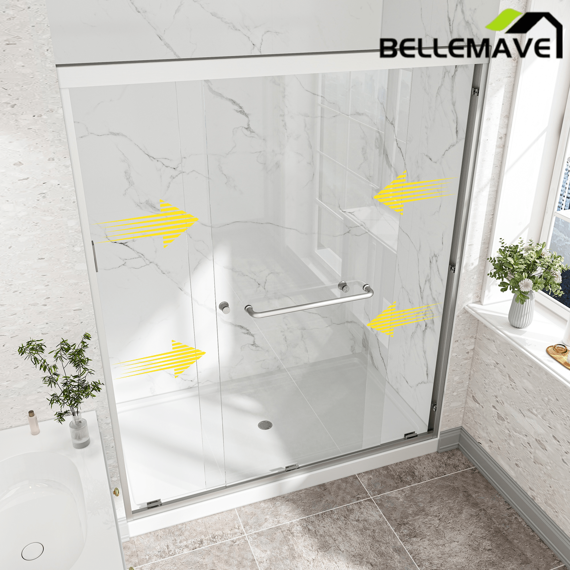 Bellemave® Reversible Installation Double Bypass Sliding Shower Door,Aluminium Alloy Frame,1/4"(6MM) Tempered Glass With Nano Explosion - proof Membrance,Easy Installation - Bellemave