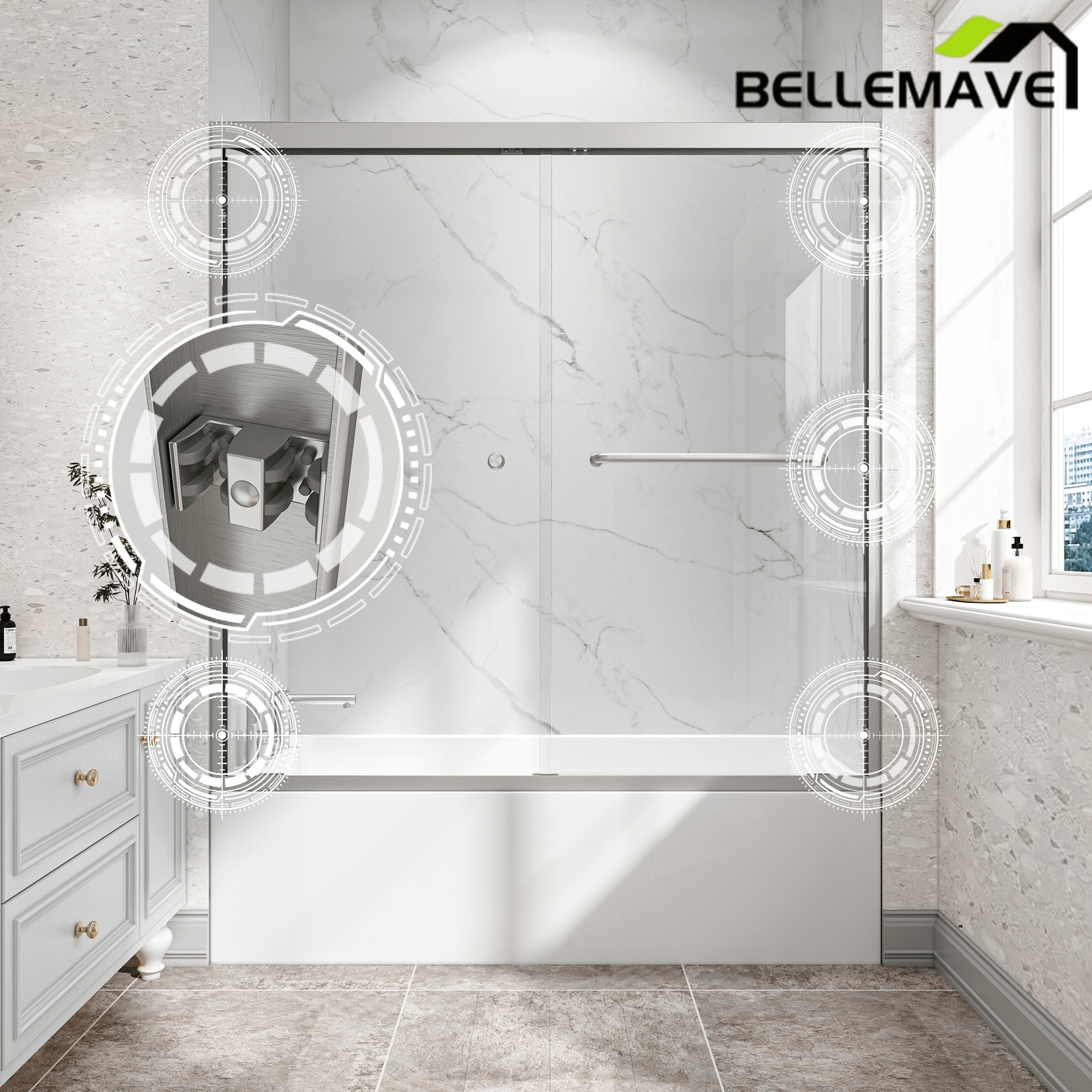 Bellemave® Reversible Installation Double Bypass Sliding Shower Door,Aluminium Alloy Frame,1/4"(6MM) Tempered Glass With Nano Explosion - proof Membrance,Easy Installation - Bellemave