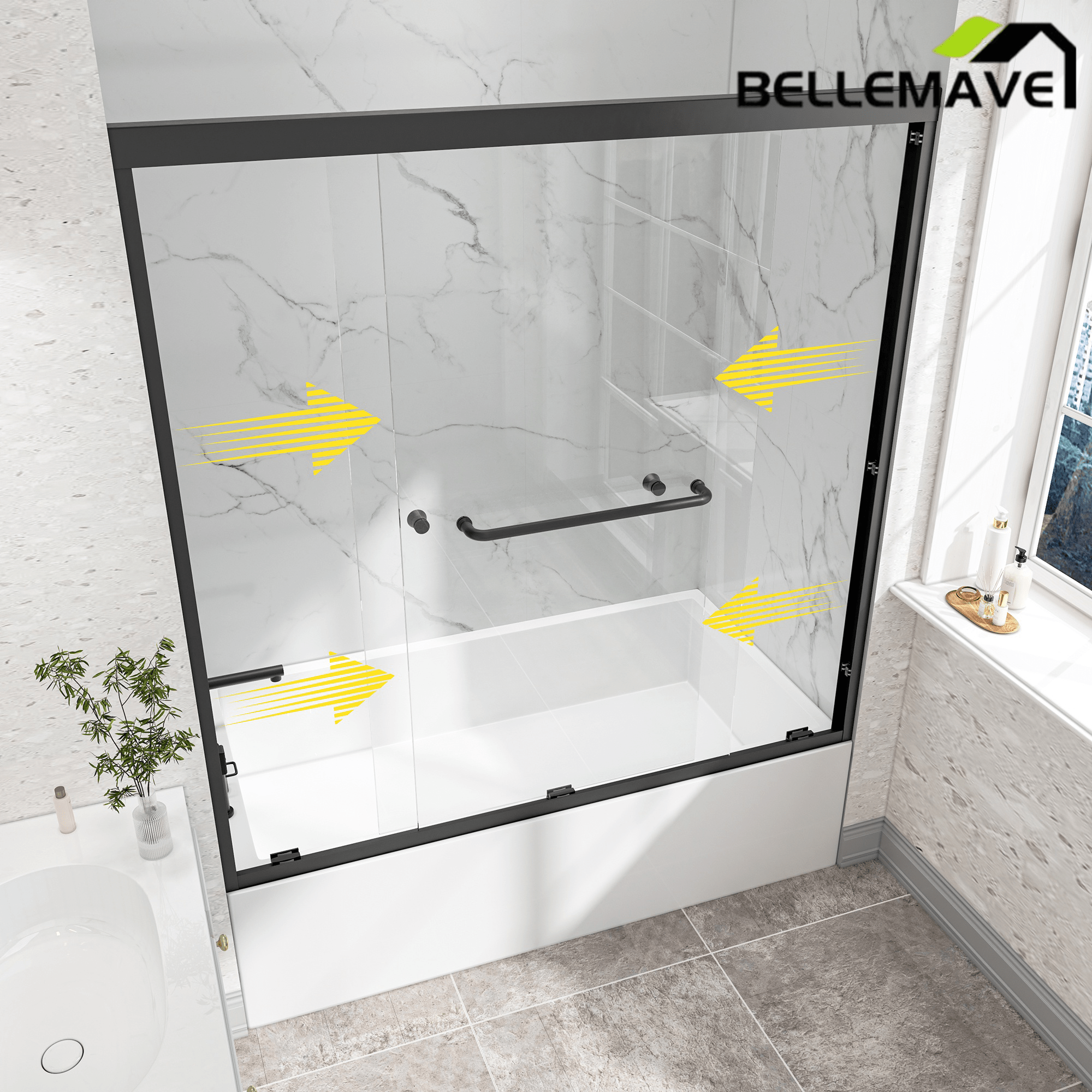 Bellemave® Reversible Installation Double Bypass Sliding Shower Door,Aluminium Alloy Frame,1/4"(6MM) Tempered Glass With Nano Explosion - proof Membrance,Easy Installation - Bellemave