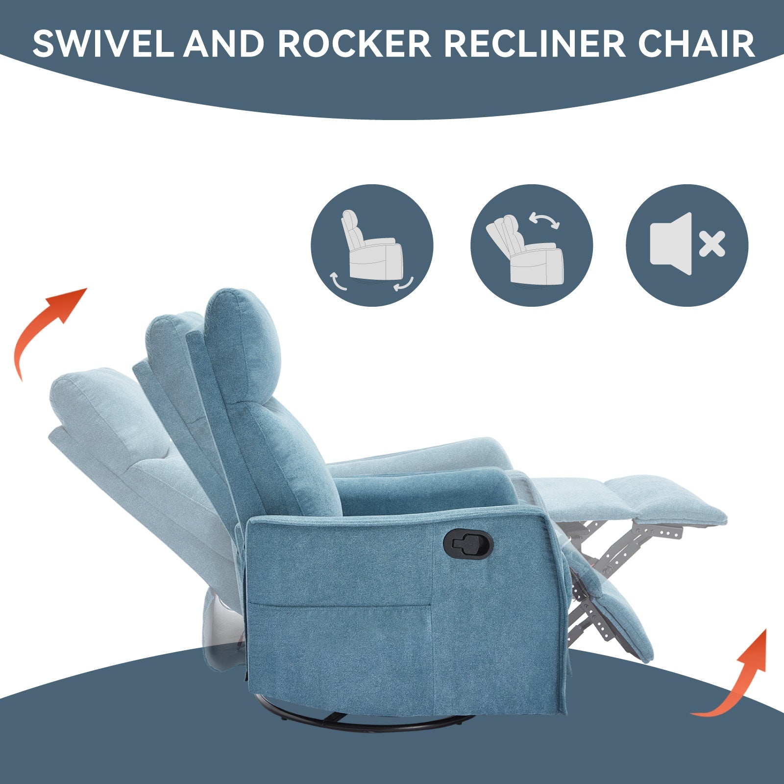 Bellemave® Rocker Recliner Chair with Heat & Massage - Manual Swivel Power Recliner, Padded Fabric for Living Room, Blue - Bellemave