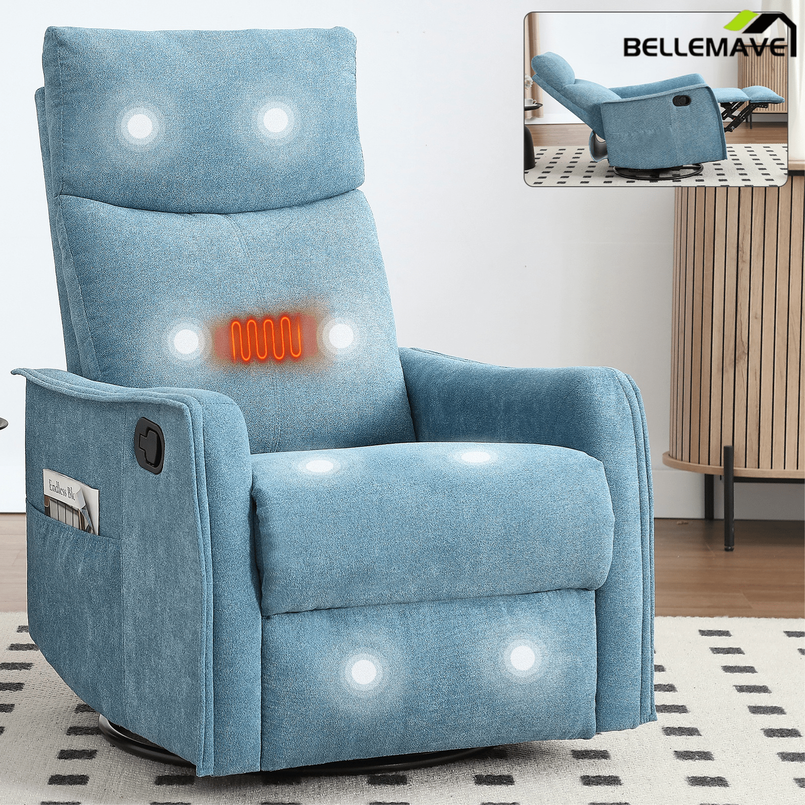 Bellemave® Rocker Recliner Chair with Heat & Massage - Manual Swivel Power Recliner, Padded Fabric for Living Room, Blue - Bellemave