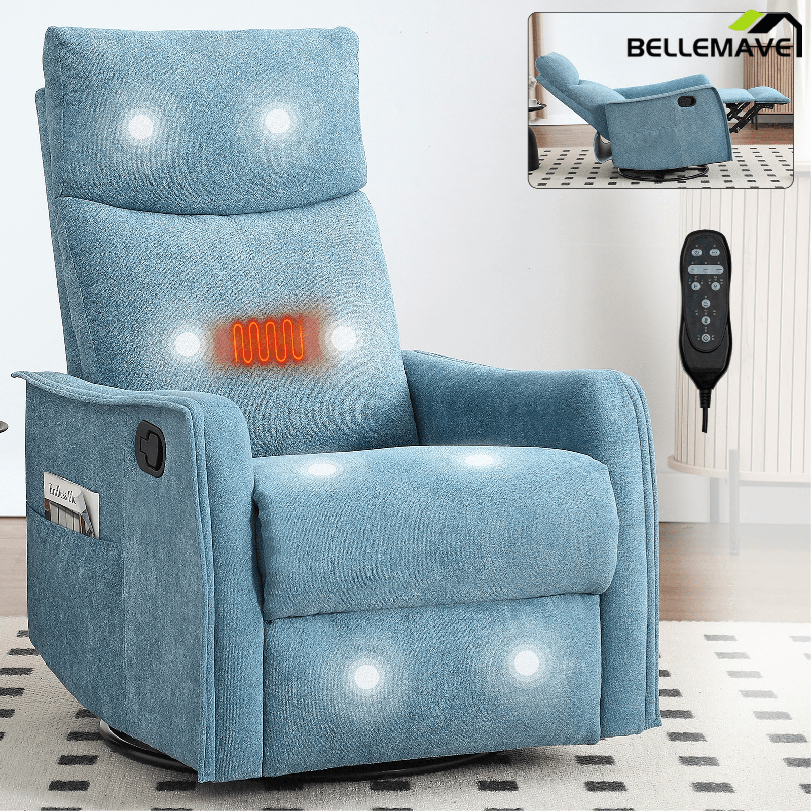 Bellemave® Rocker Recliner Chair with Heat & Massage - Manual Swivel Power Recliner, Padded Fabric for Living Room, Blue - Bellemave