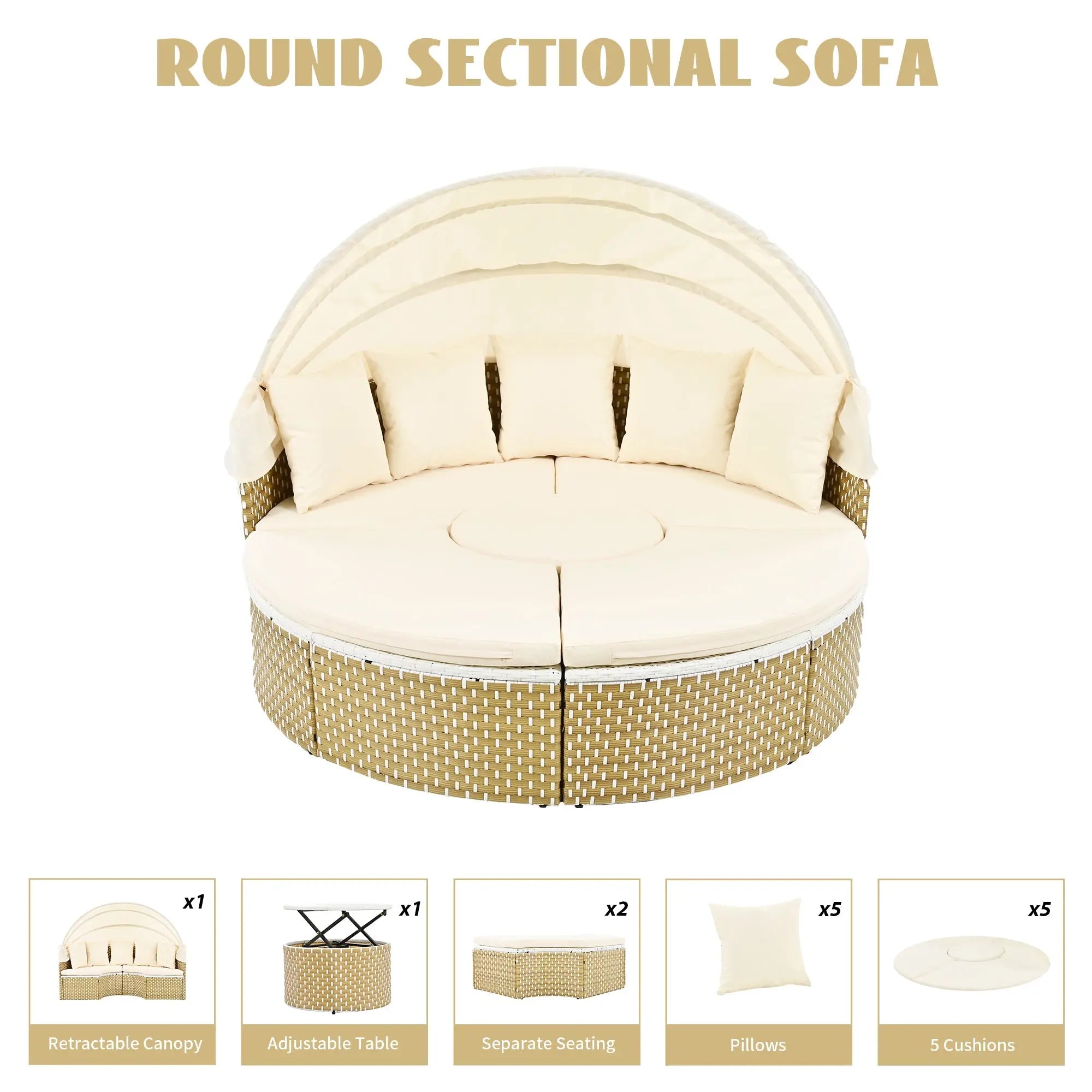 Bellemave® Round Outdoor Sectional Sofa Set with Retractable Canopy, Separate Seating and Removable Cushion - Bellemave