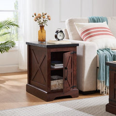Bellemave® Rustic Sofa Side Table with Barn Door and Adjustable Storage Shelf - Bellemave