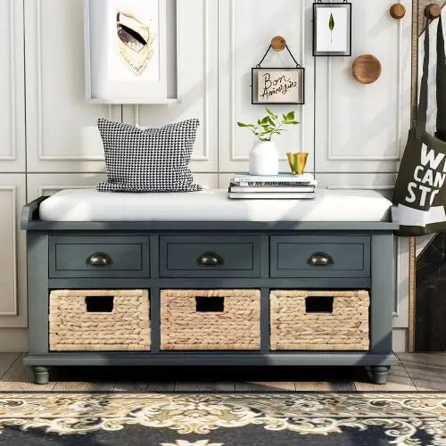 Bellemave® Rustic Storage Bench with 3 Drawers and 3 Rattan Baskets - Bellemave