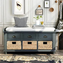 Bellemave® Rustic Storage Bench with 3 Drawers and 3 Rattan Baskets - Bellemave