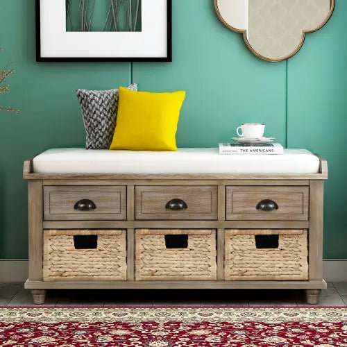 Bellemave® Rustic Storage Bench with 3 Drawers and 3 Rattan Baskets - Bellemave