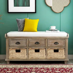 Bellemave® Rustic Storage Bench with 3 Drawers and 3 Rattan Baskets - Bellemave