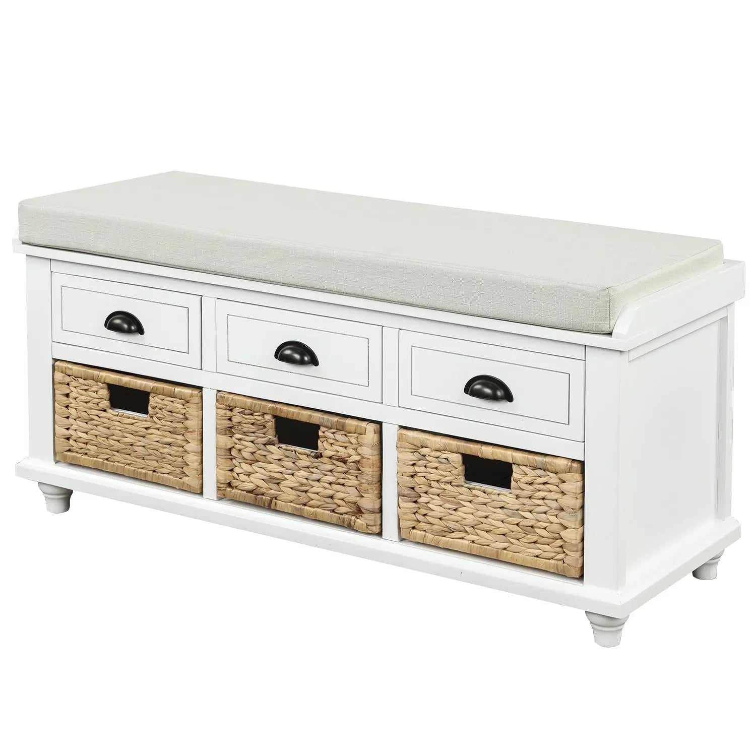 Bellemave® Rustic Storage Bench with 3 Drawers and 3 Rattan Baskets - Bellemave