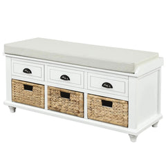 Bellemave® Rustic Storage Bench with 3 Drawers and 3 Rattan Baskets - Bellemave