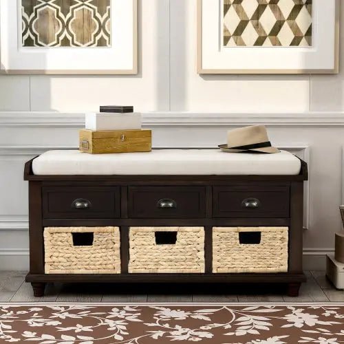 Bellemave® Rustic Storage Bench with 3 Drawers and 3 Rattan Baskets - Bellemave