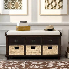 Bellemave® Rustic Storage Bench with 3 Drawers and 3 Rattan Baskets - Bellemave