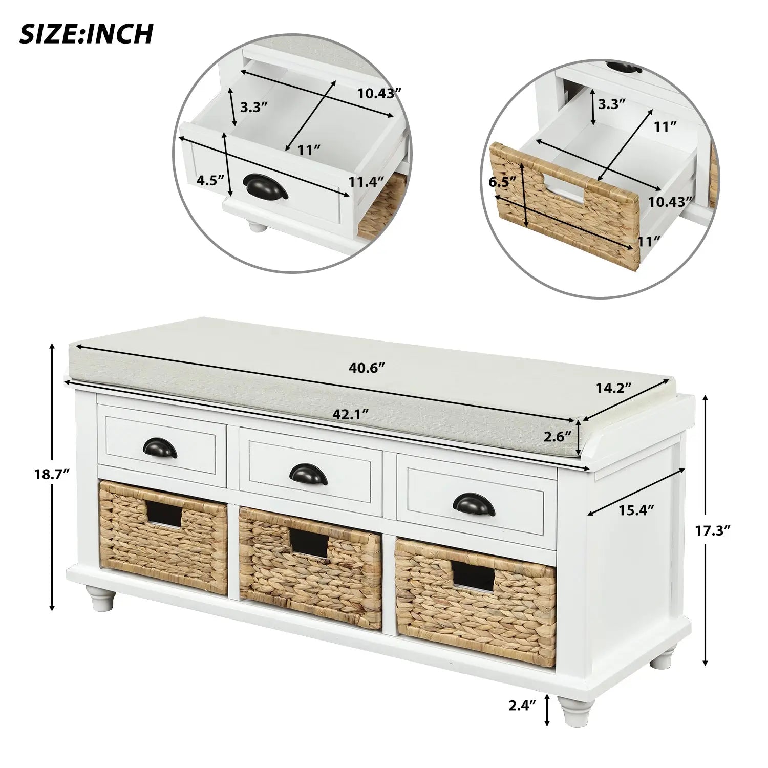 Bellemave® Rustic Storage Bench with 3 Drawers and 3 Rattan Baskets - Bellemave