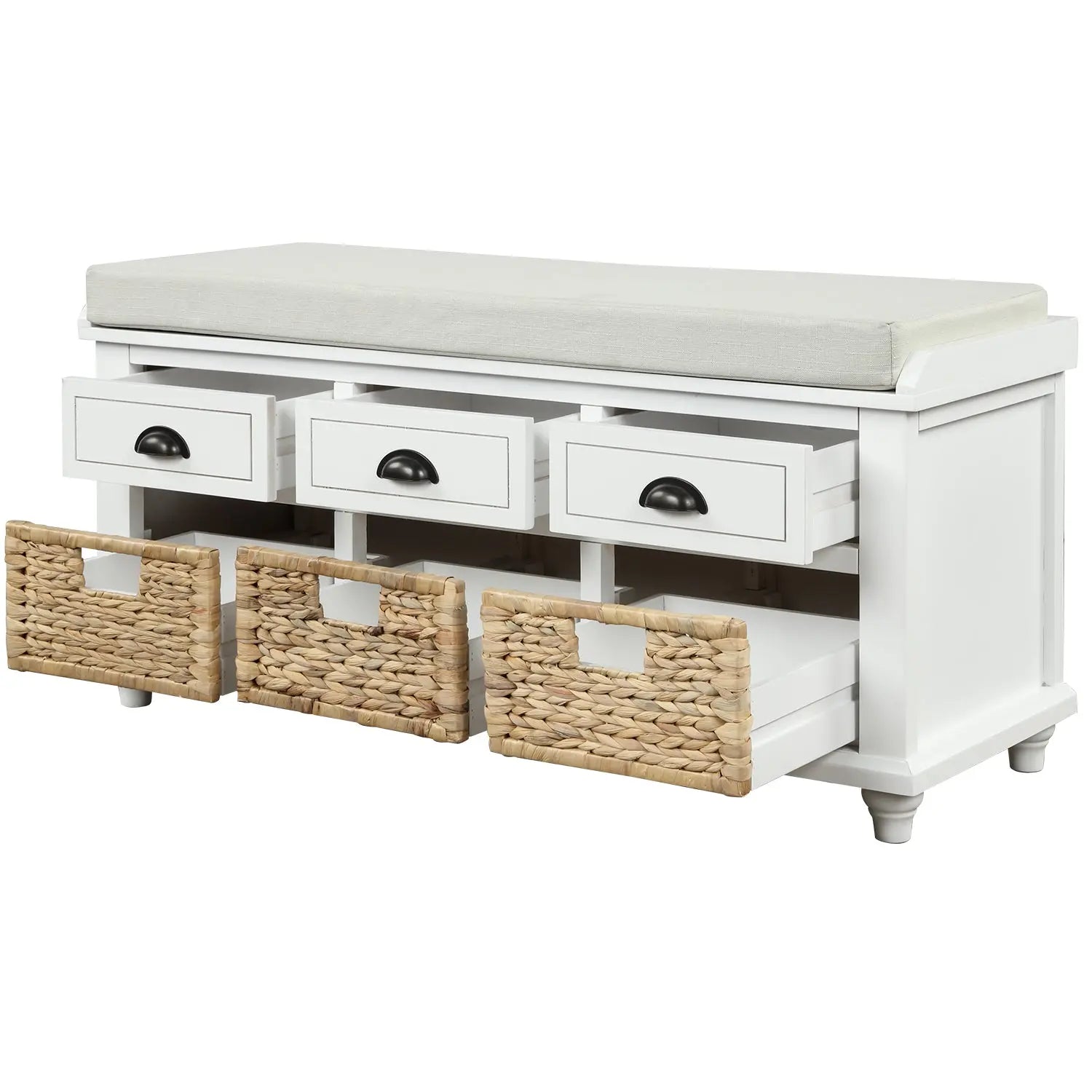 Bellemave® Rustic Storage Bench with 3 Drawers and 3 Rattan Baskets - Bellemave