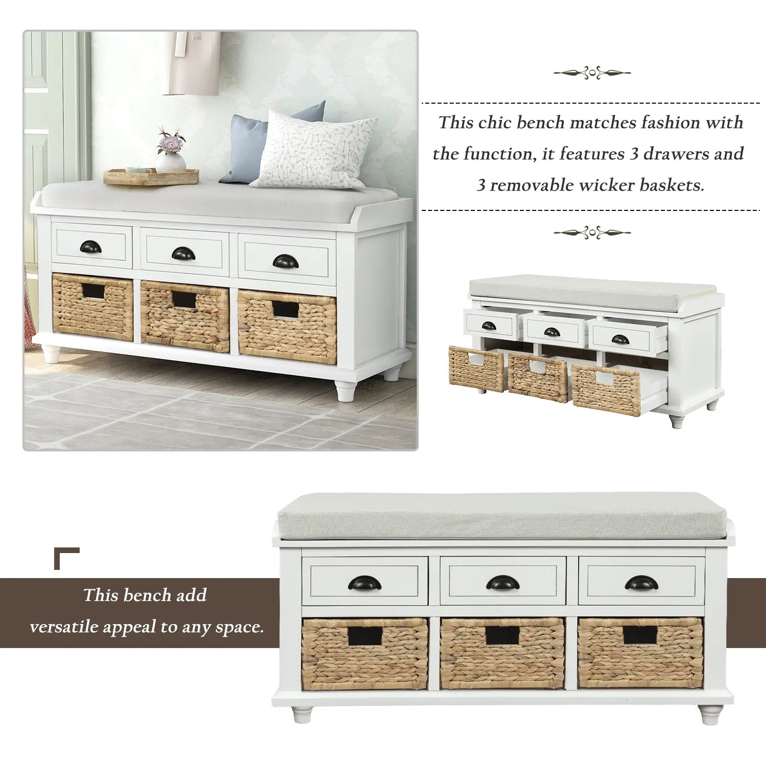 Bellemave® Rustic Storage Bench with 3 Drawers and 3 Rattan Baskets - Bellemave