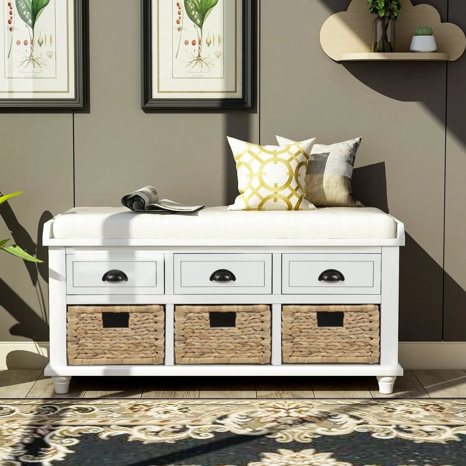 Bellemave® Rustic Storage Bench with 3 Drawers and 3 Rattan Baskets - Bellemave