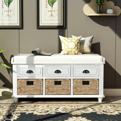 Bellemave® Rustic Storage Bench with 3 Drawers and 3 Rattan Baskets - Bellemave
