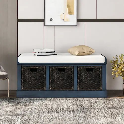 Bellemave® Rustic Storage Bench with 3 Removable Classic Rattan Basket - Bellemave
