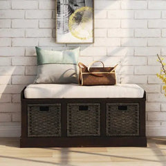 Bellemave® Rustic Storage Bench with 3 Removable Classic Rattan Basket - Bellemave