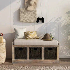 Bellemave® Rustic Storage Bench with 3 Removable Classic Rattan Basket - Bellemave