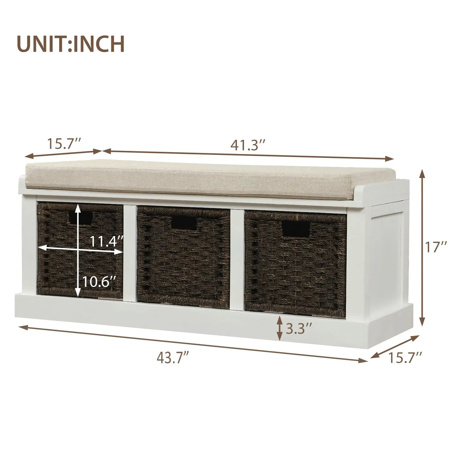 Bellemave® Rustic Storage Bench with 3 Removable Classic Rattan Basket - Bellemave