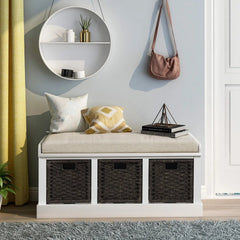 Bellemave® Rustic Storage Bench with 3 Removable Classic Rattan Basket - Bellemave