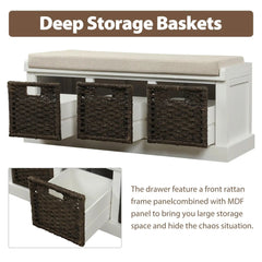 Bellemave® Rustic Storage Bench with 3 Removable Classic Rattan Basket - Bellemave