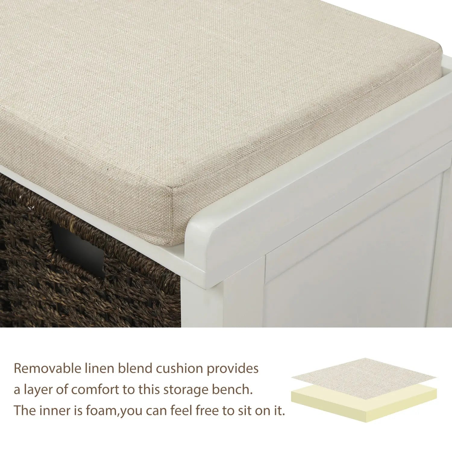 Bellemave® Rustic Storage Bench with 3 Removable Classic Rattan Basket - Bellemave
