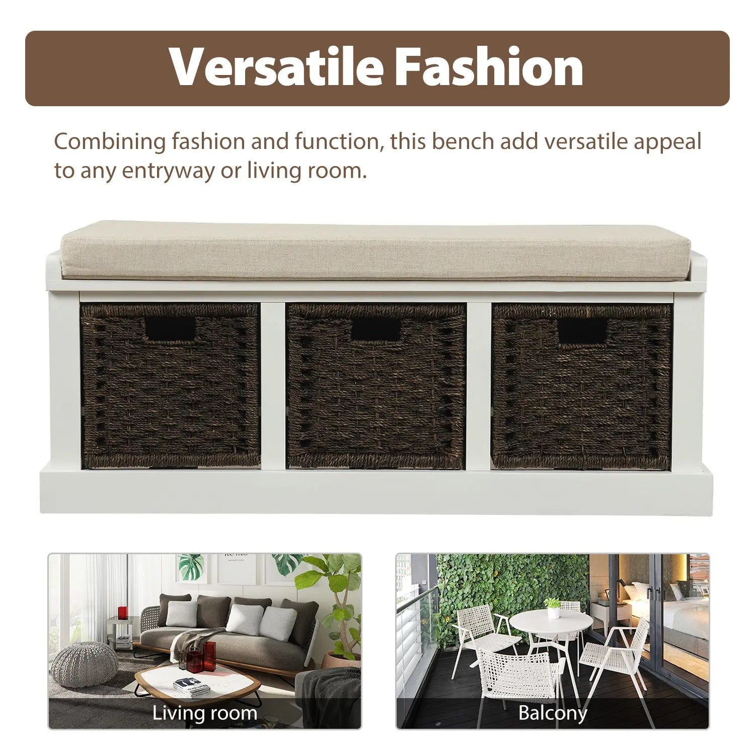 Bellemave® Rustic Storage Bench with 3 Removable Classic Rattan Basket - Bellemave