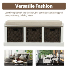 Bellemave® Rustic Storage Bench with 3 Removable Classic Rattan Basket - Bellemave