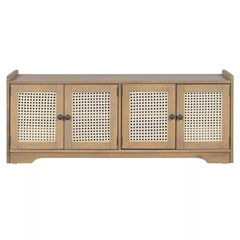 Front view of wood storage bench with four cabinet doors