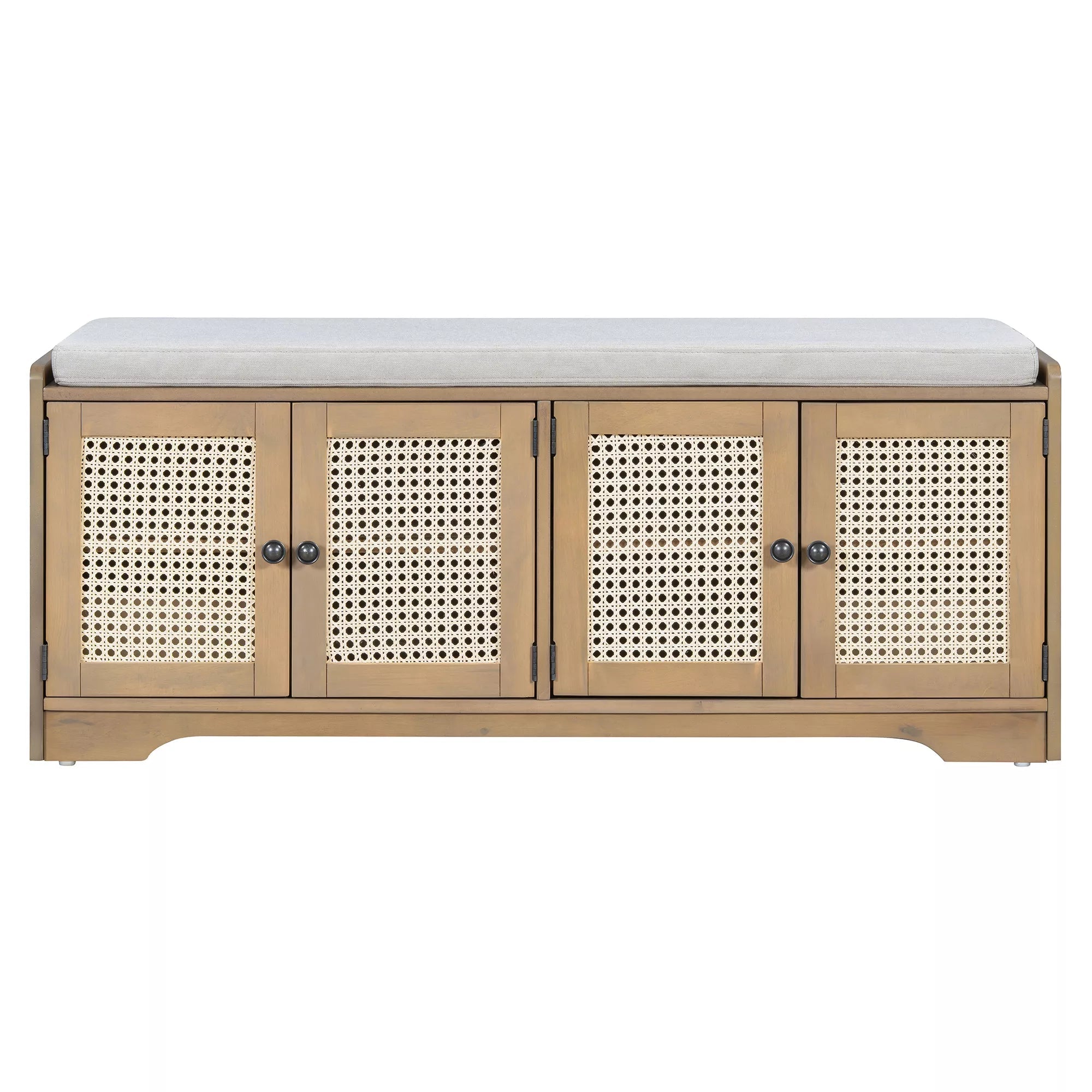 Front view of rustic storage bench with cushion