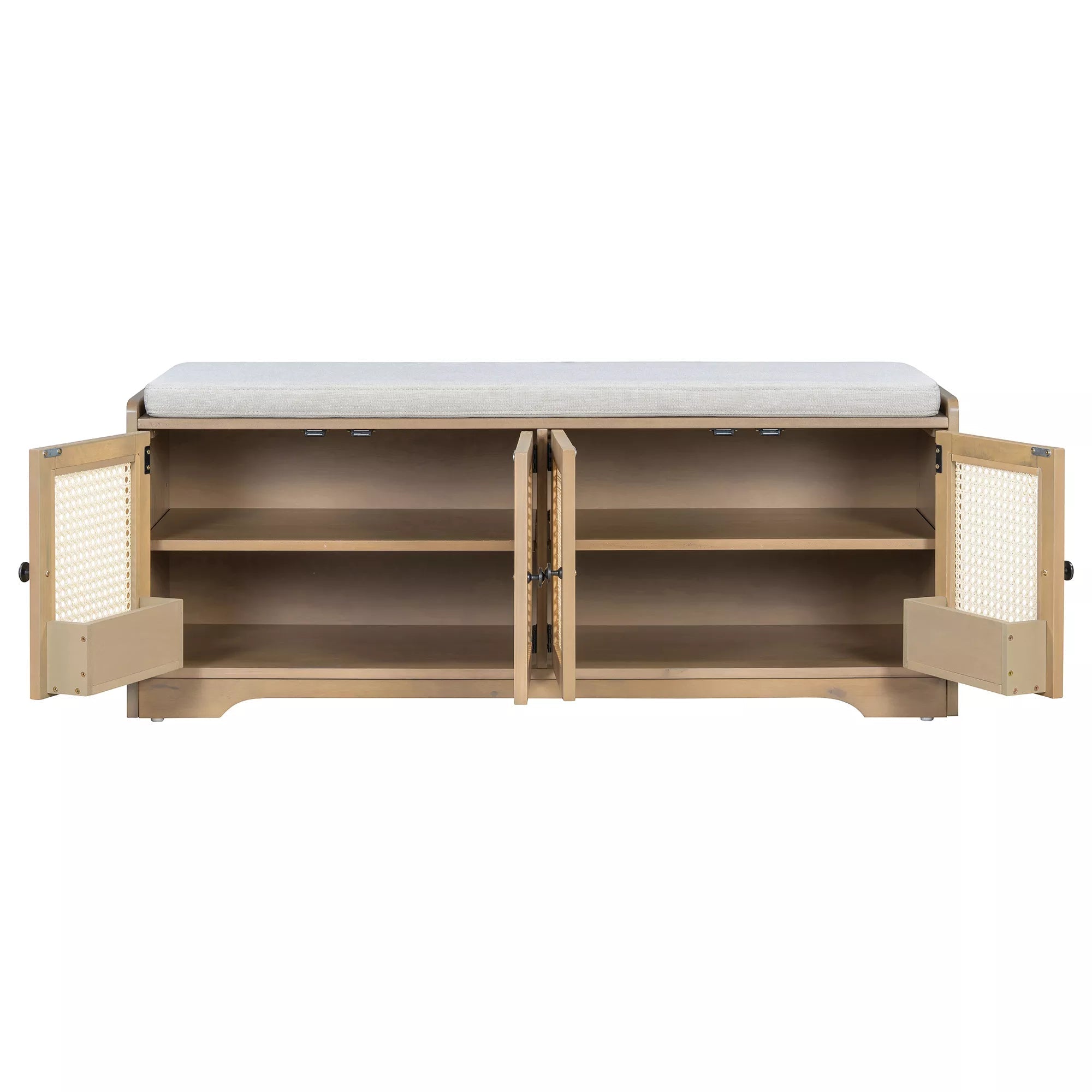 Wood entryway shoe bench with doors open and storage shelves