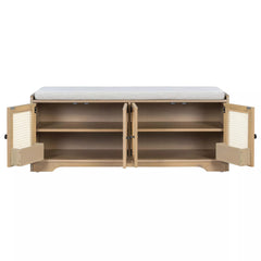 Wood entryway shoe bench with doors open and storage shelves