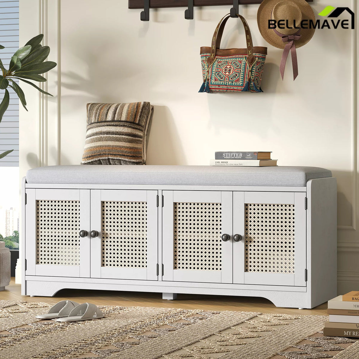 White wood shoe bench for entryway storage