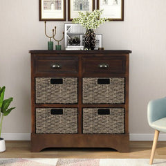 Bellemave® Rustic Storage Cabinet with Two Drawers and Four Classic Rattan Basket - Bellemave