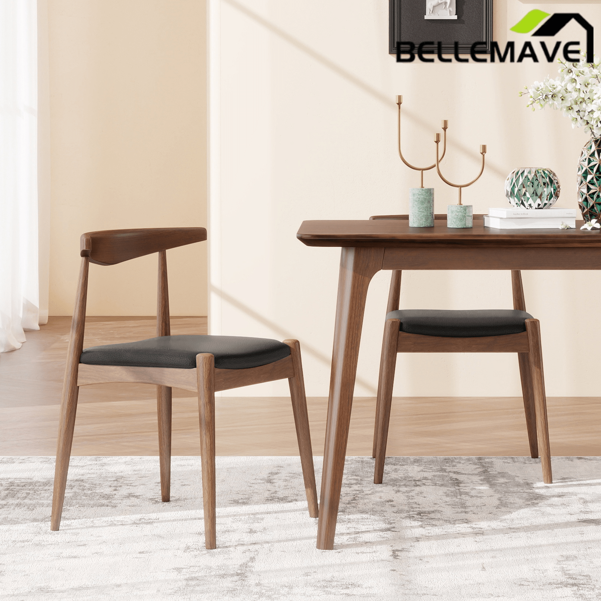 Bellemave® Set of 2 Dining Chairs with Rubber Wood Legs & Faux Leather, Mid - Century Modern Style - Bellemave