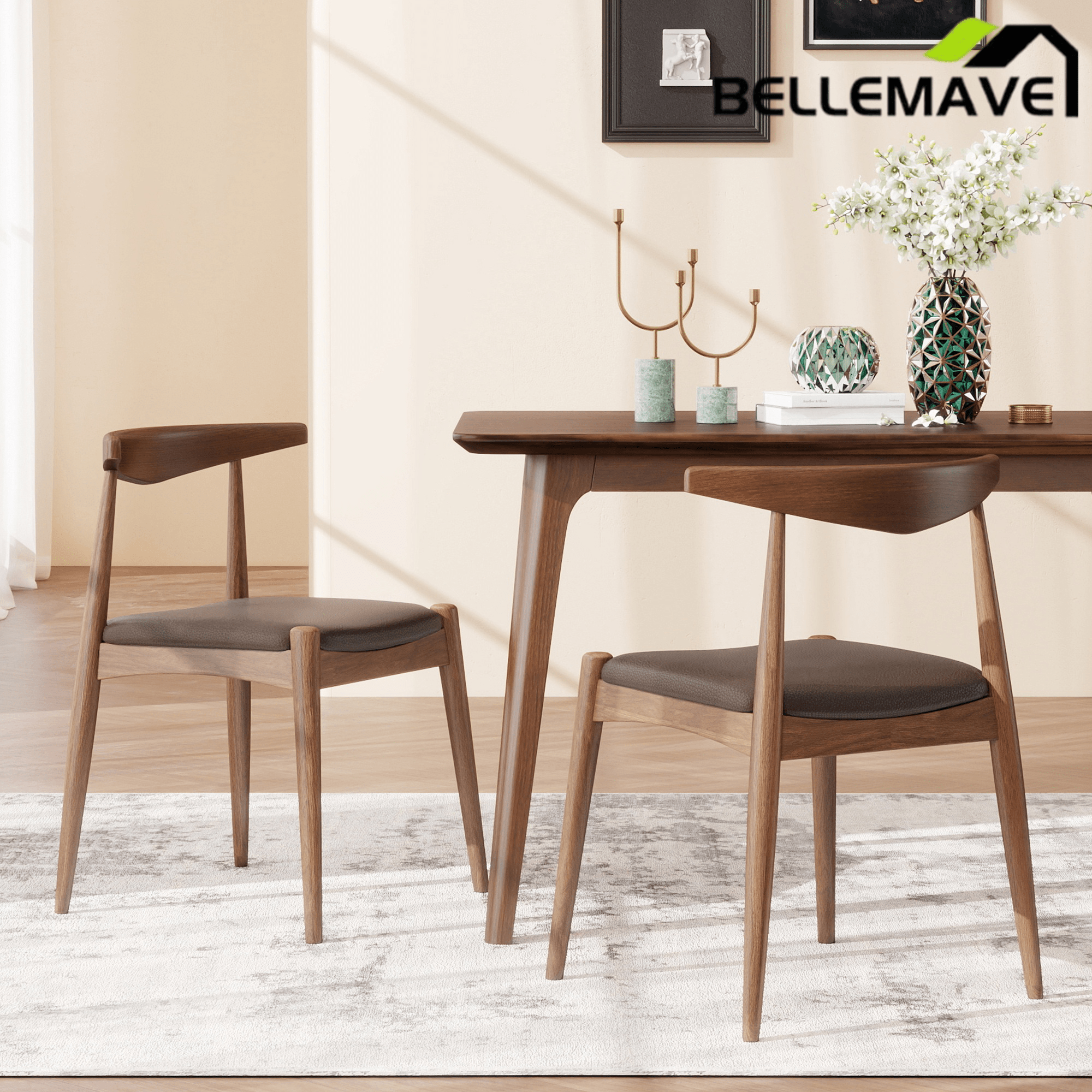 Bellemave® Set of 2 Dining Chairs with Rubber Wood Legs & Faux Leather, Mid - Century Modern Style - Bellemave