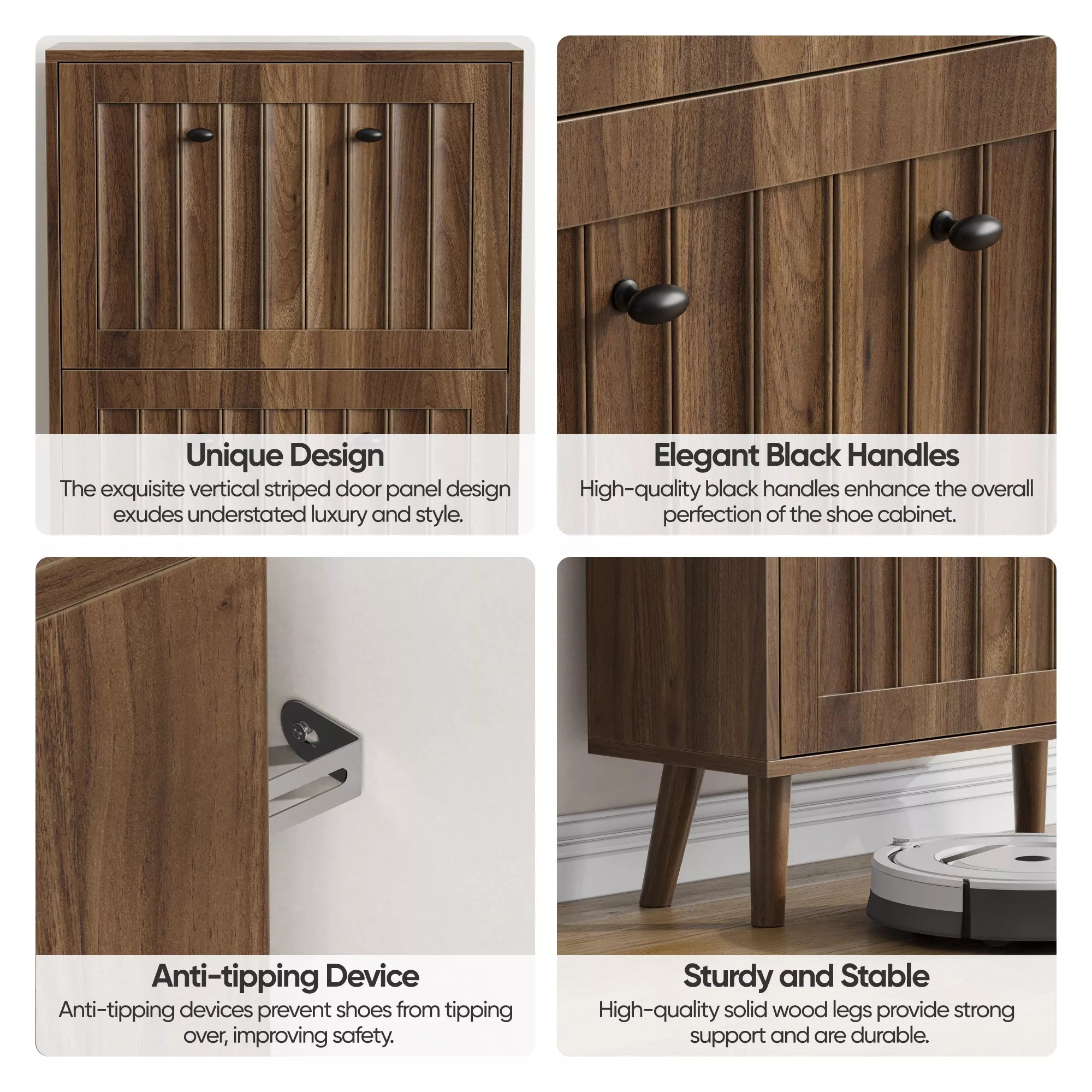 Bellemave® Shoe Cabinet Storage for Entryway with 2 Fluted Flip Drawers, Mid Century Modern Hidden Slim Shoe Organizer Rack Cabinet, Walnut - Bellemave