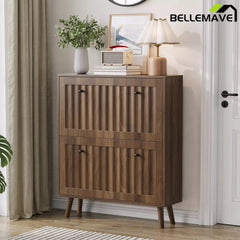 Bellemave® Shoe Cabinet Storage for Entryway with 2 Fluted Flip Drawers, Mid Century Modern Hidden Slim Shoe Organizer Rack Cabinet, Walnut - Bellemave