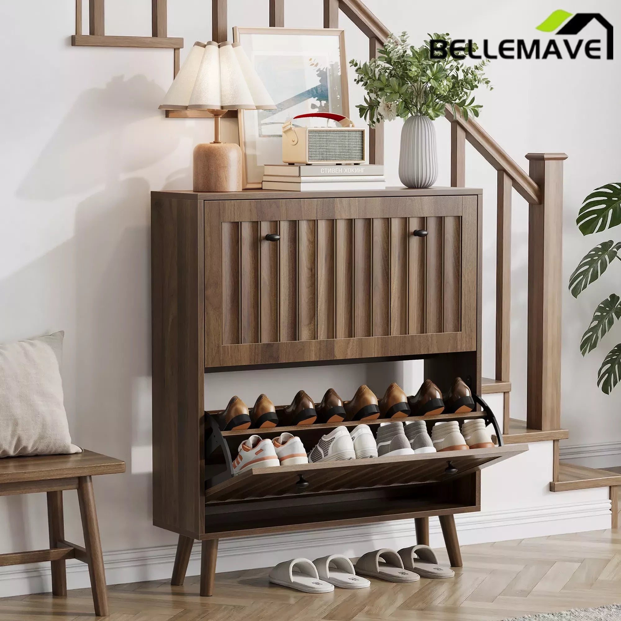 Bellemave® Shoe Cabinet Storage for Entryway with 2 Fluted Flip Drawers, Mid Century Modern Hidden Slim Shoe Organizer Rack Cabinet, Walnut - Bellemave