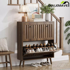 Bellemave® Shoe Cabinet Storage for Entryway with 2 Fluted Flip Drawers, Mid Century Modern Hidden Slim Shoe Organizer Rack Cabinet, Walnut - Bellemave