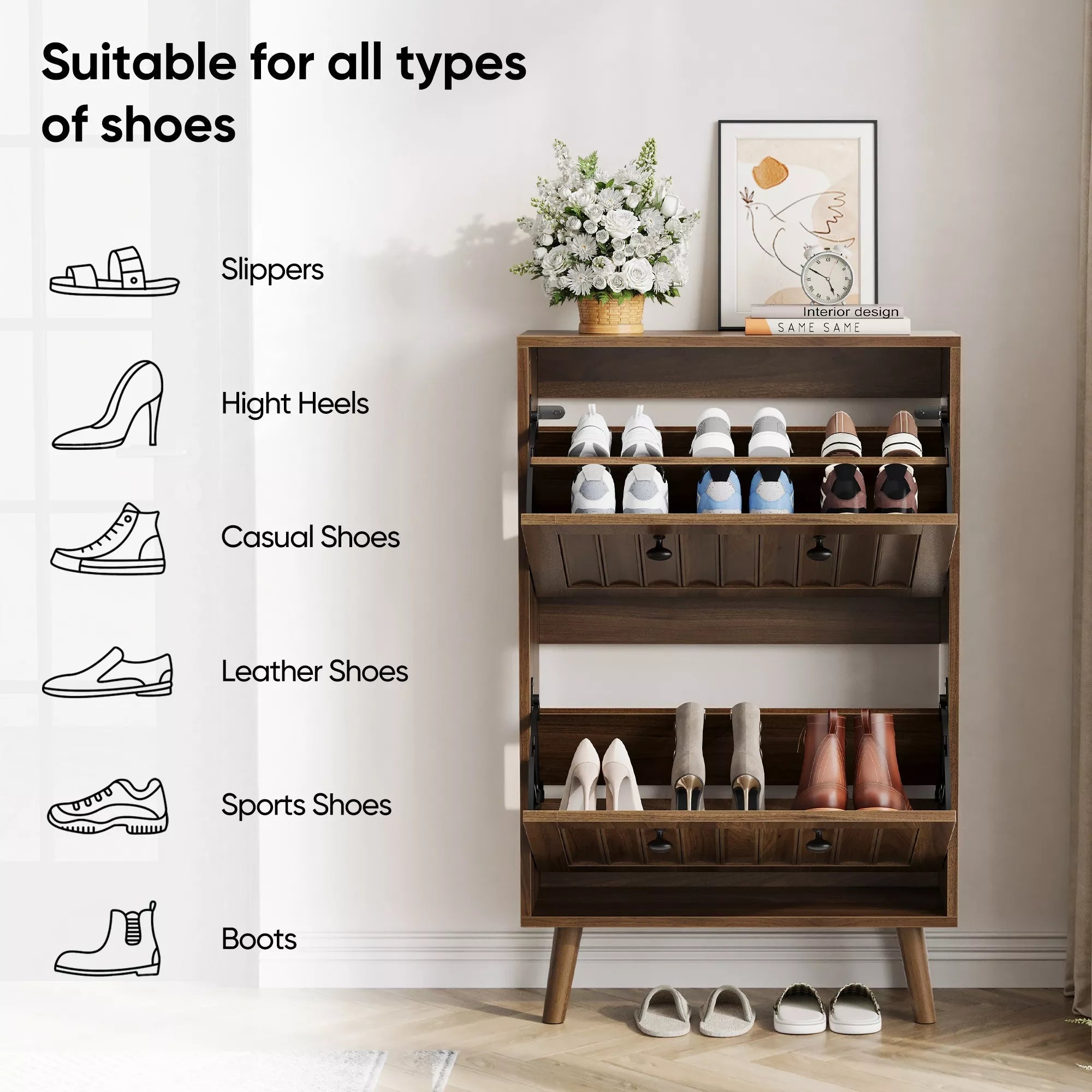 Bellemave® Shoe Cabinet Storage for Entryway with 2 Fluted Flip Drawers, Mid Century Modern Hidden Slim Shoe Organizer Rack Cabinet, Walnut - Bellemave