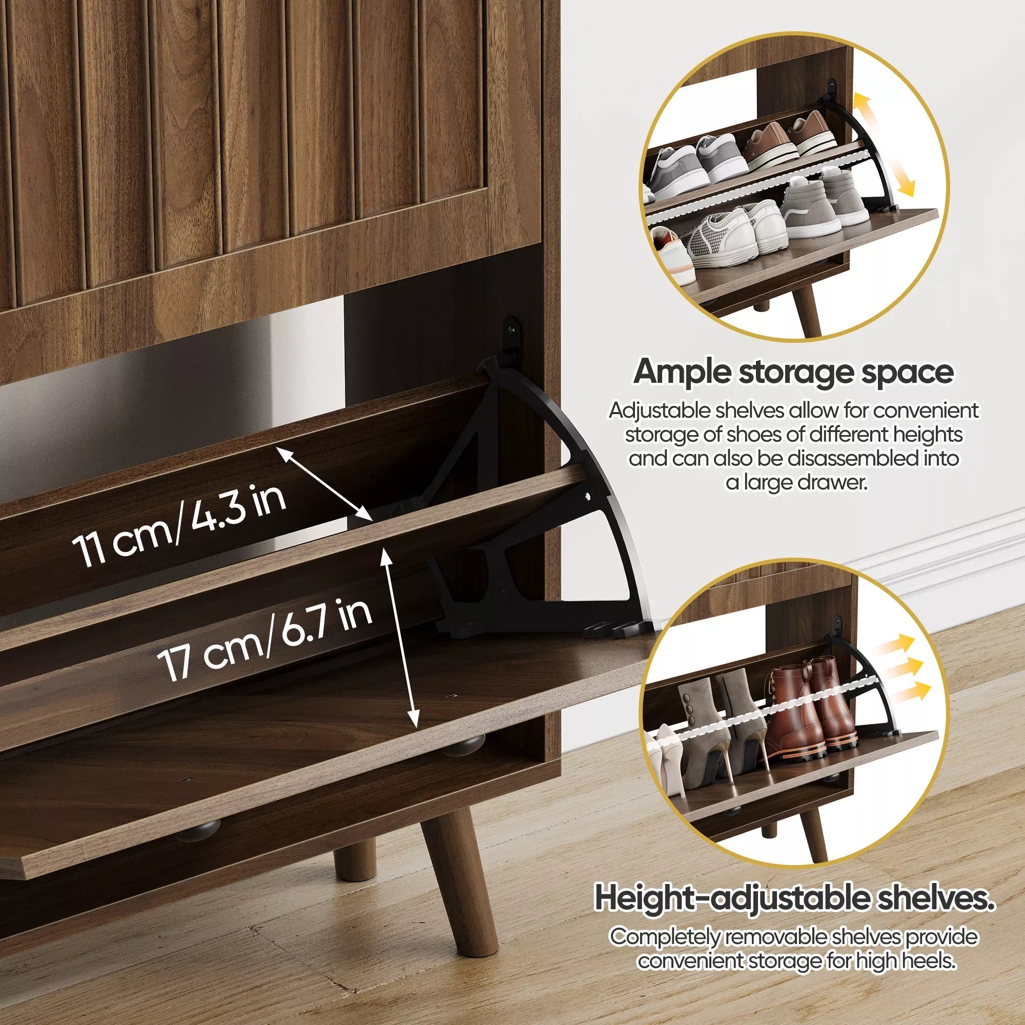 Bellemave® Shoe Cabinet Storage for Entryway with 2 Fluted Flip Drawers, Mid Century Modern Hidden Slim Shoe Organizer Rack Cabinet, Walnut - Bellemave