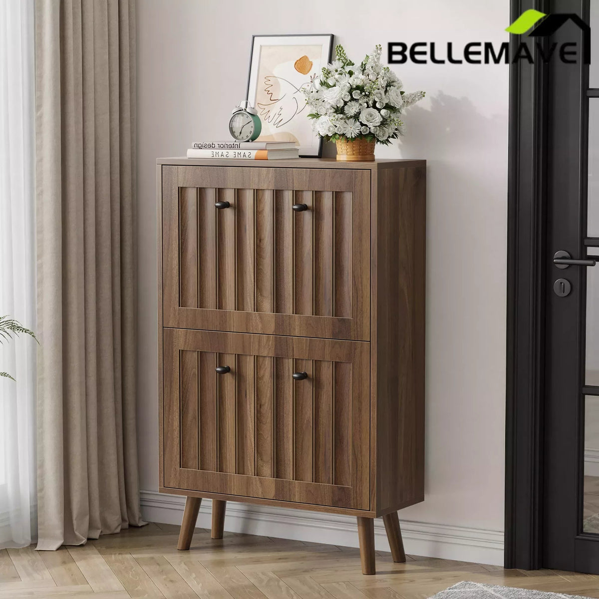 Bellemave® Shoe Cabinet Storage for Entryway with 2 Fluted Flip Drawers, Mid Century Modern Hidden Slim Shoe Organizer Rack Cabinet, Walnut - Bellemave